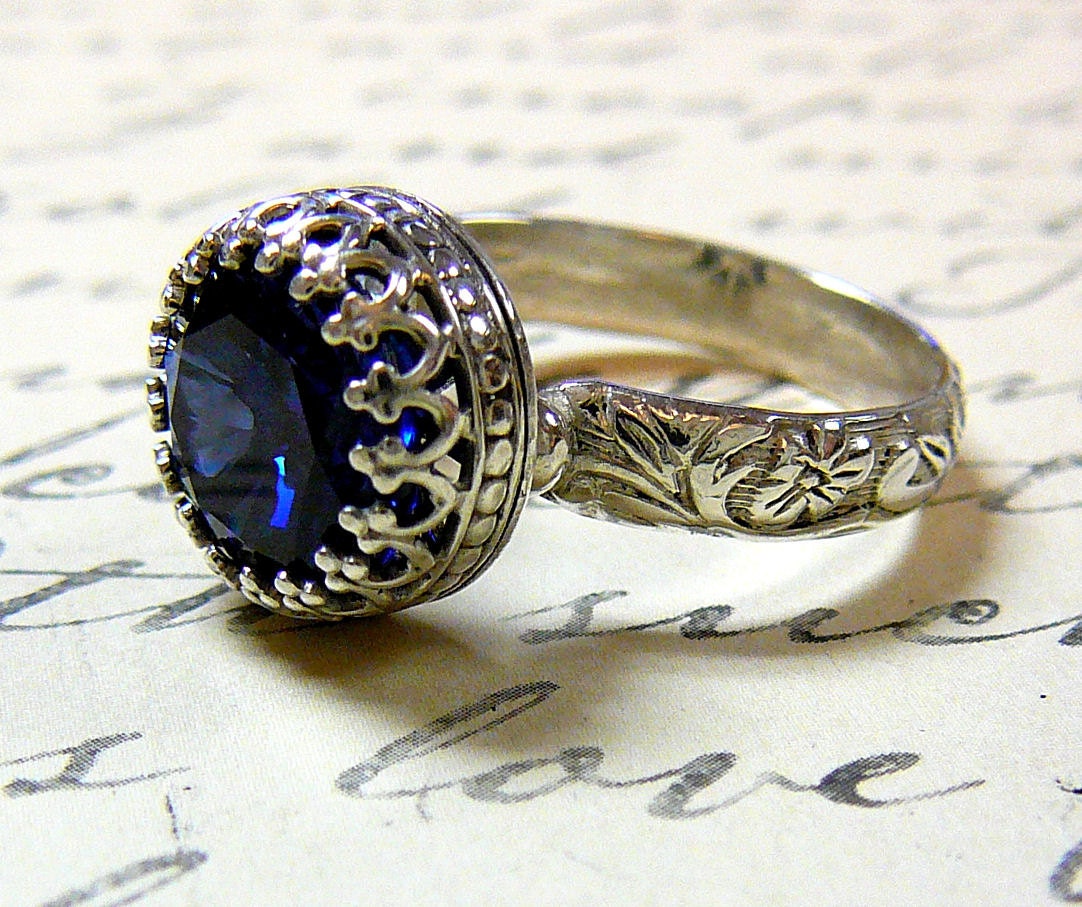Vintage Engagement Sterling Silver Created Sapphire Ring with Tiara Crown like bezel - Wedding