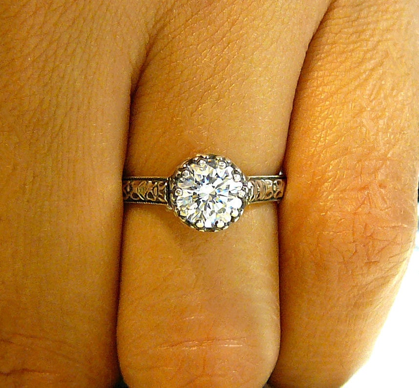 Vintage Engagement Sterling Silver Swarovski CZ Floral Band Ring with Tiara Crown like bezel - Wedding