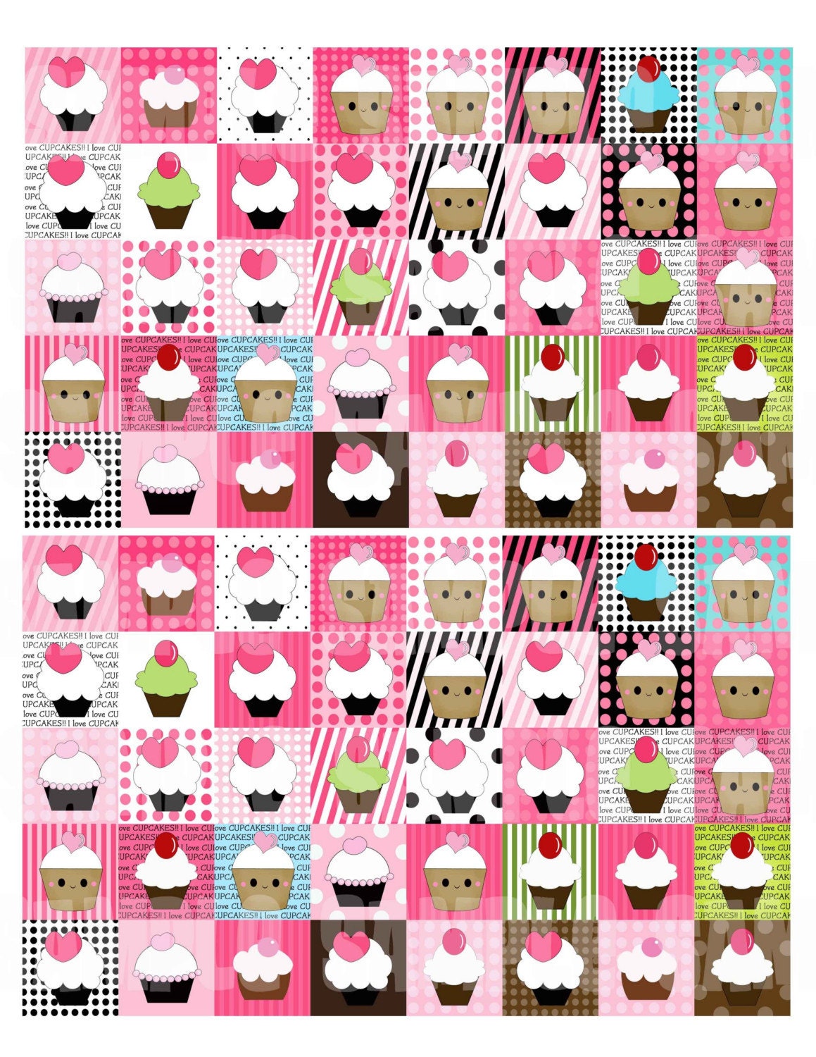 Pink Kawaii Cupcake Digital Collage Sheet 1 inch Square Tiles 1 X 1
