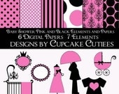 Baby Shower Girl Pink and Black Elegant Clipart Commercial use for Cards, Stationary and Paper Products
