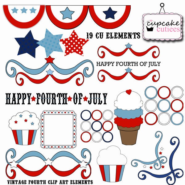Vintage Color 4th of July Digital Clipart Elements Commercial use for paper, invites, and web design