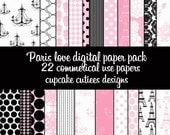 Paris LOVE  Damask Digital Collage Sheets 8.5 by 11 Sheets Set of 22 Digital Papers