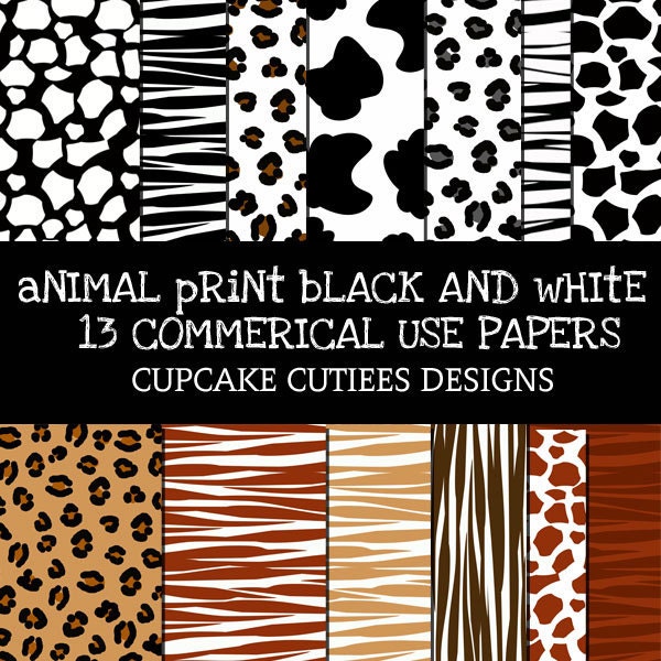 Animal Print Black White  Digital Collage Sheets 12 x 12 Set of  Digital Papers or 8.5 x 11