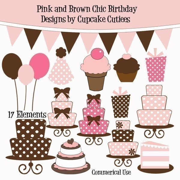 Pink and Brown Chic Birthday Digital Clipart Elements Commercial use for paper, invites, and web design