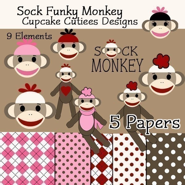 Sock Monkey Digital Clipart Elements and Papers Commercial use for paper, invites, and web design
