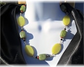 Lemon Yellow Jade, Black Onyx, and Ruby Shell Hand Linked Necklace in Brass