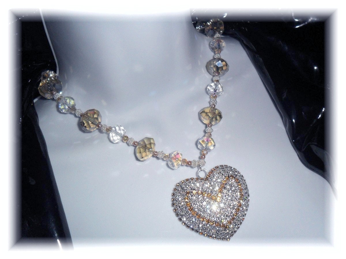 Sparkly Rhinestone Heart Pendant, Necklace, with chinese crystals, czech glass and pearls