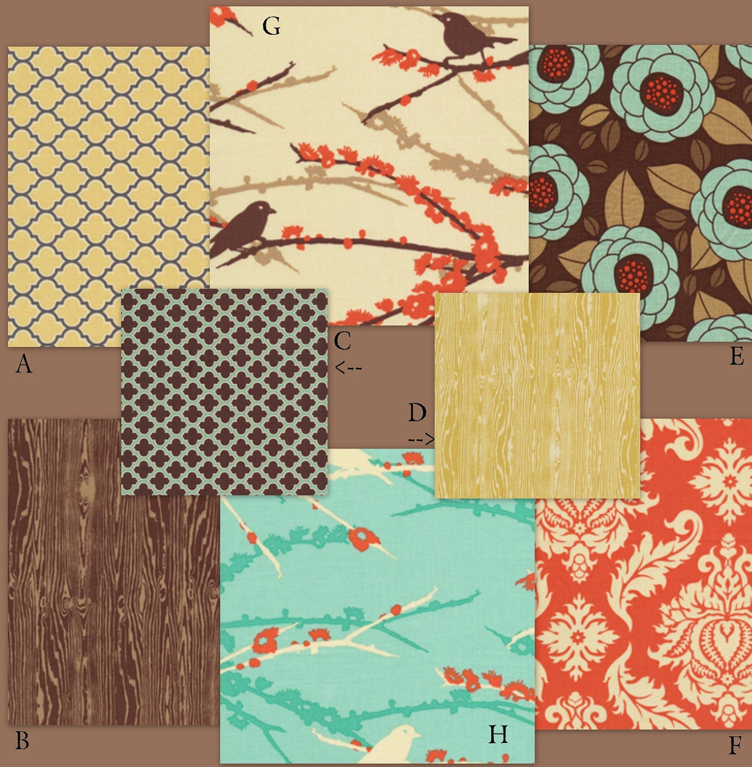 Custom Crib Bedding Set YOU DESIGN - Aviary in Aqua, Orange and Brown