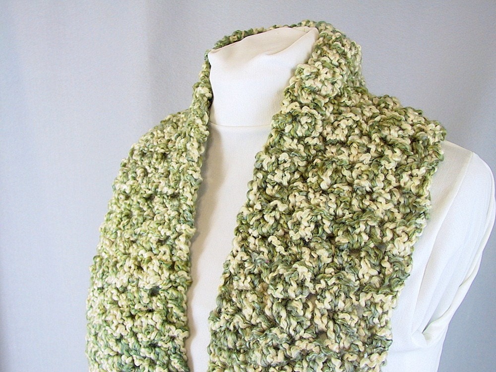 Chunky Crochet Scarf - Green and Cream Irish Tweed Scarf - Handmade for Him or Her