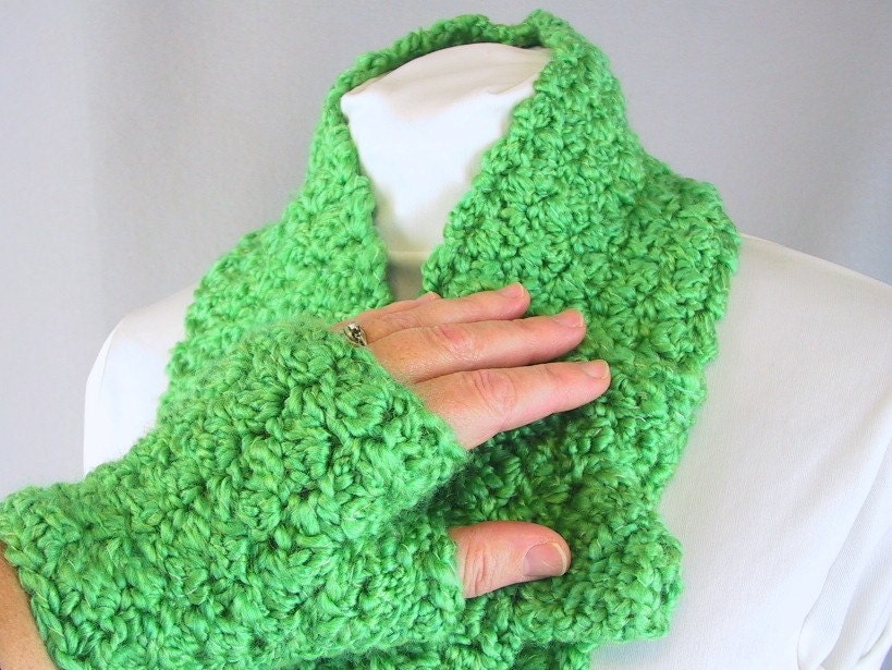 Handmade Crochet Scarf  and Mitts Set - Acid Green for Him or Her