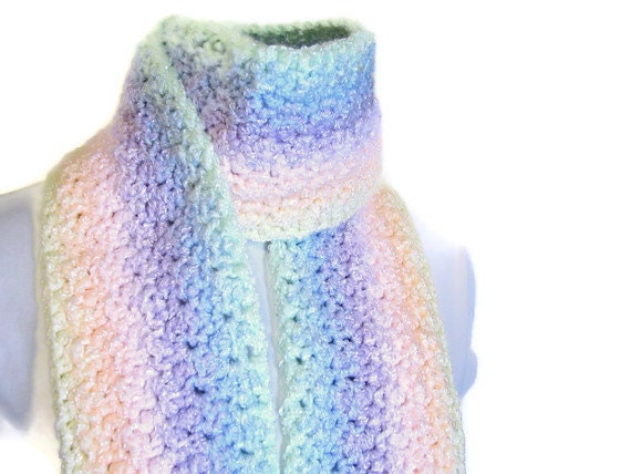 Fairy Kei Crochet Scarf - Fringed Handmade Pastel Rainbow Scarf