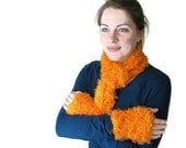 Handmade Crochet Neon Orange Scarf and Mitts Set for Her