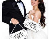 Mr Mrs signs REVERSIBLE Thank You or Just Married Wedding Signs 12x6 Chair signs FREE set Mr Mrs champagne tags