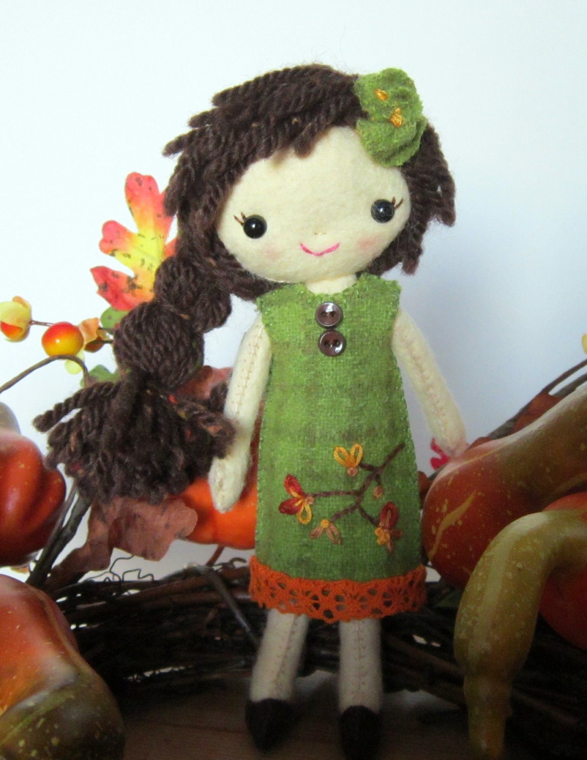 Cloth Doll Handmade All Natural Wool Autumn Colors Brunette DELAYED SHIPPING