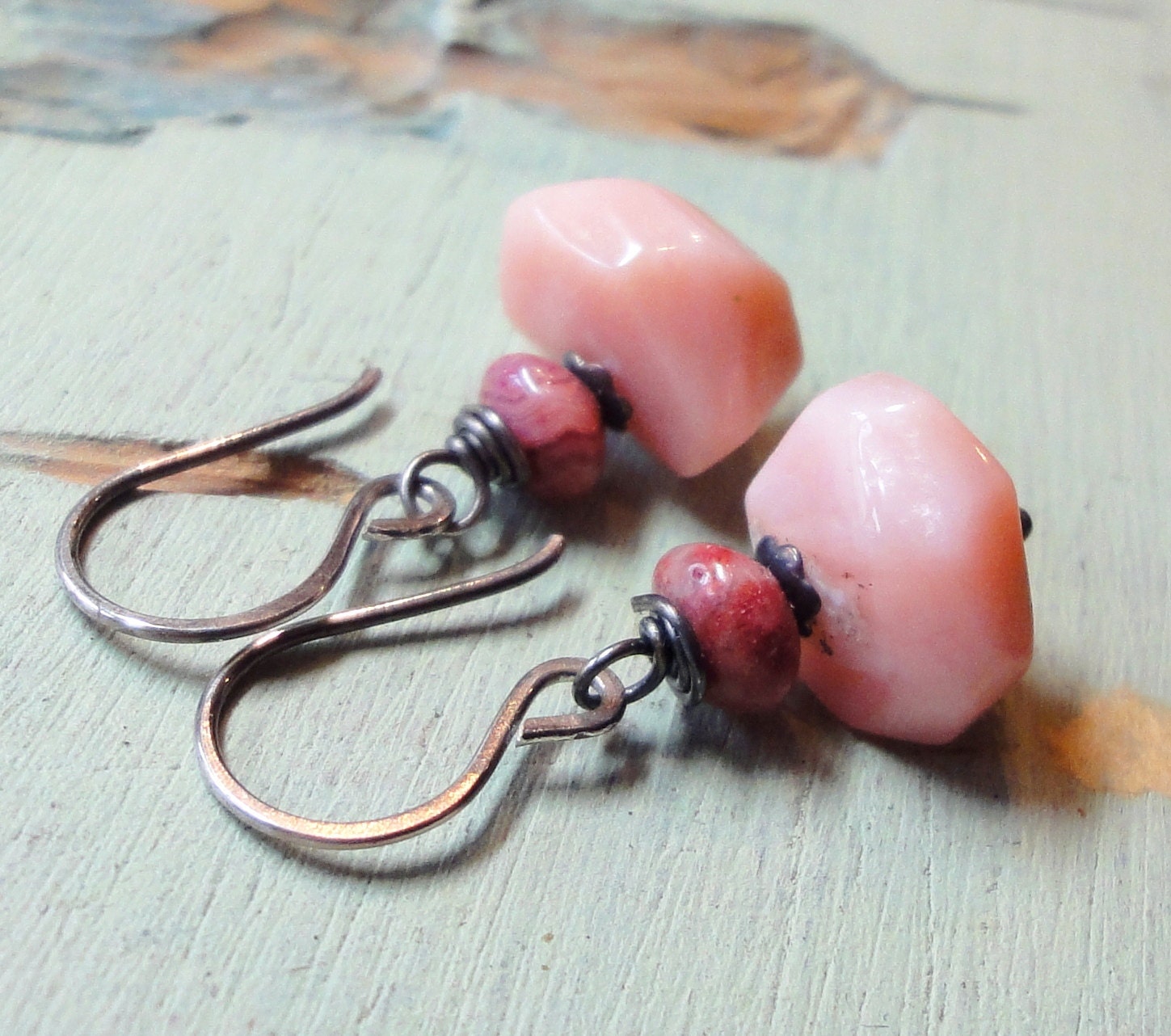 Pink Opal Earrings Bubble Gum Pink Gemstone Earrings Faceted Stone Rustic Nugget Sterling Silver