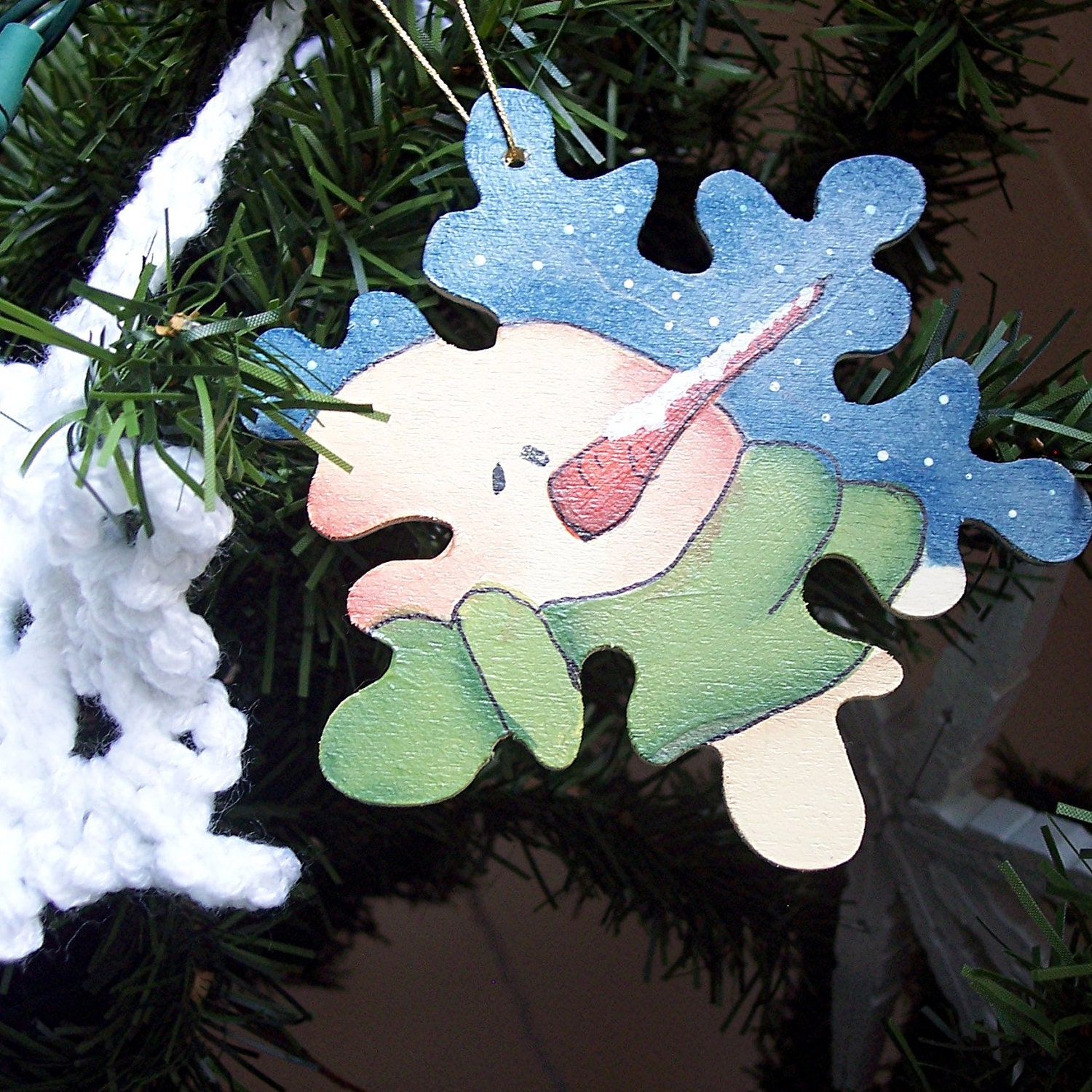 Primitive Christmas Snowman Ornament- Hand Painted Snowflake- Hand Painted Wooden Ornament- Rustic Snowman