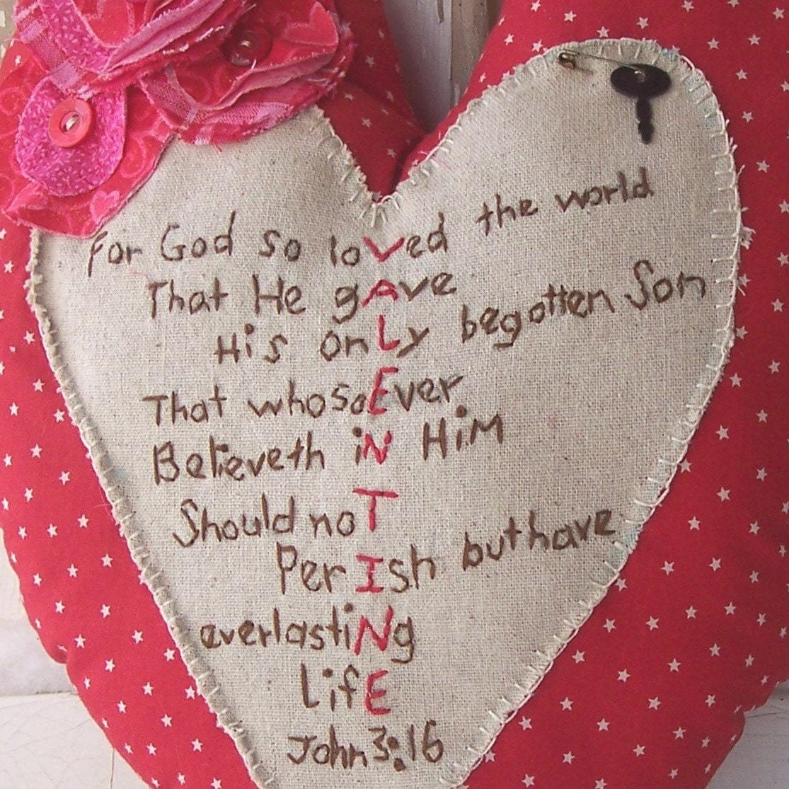 Heart Valentine Pillow - Primitive John 3:16 Embroidered Red and Pink Valentine's Day Pillow with Stacked Flower, Key and Buttons