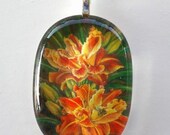 Daylily Jewelry Pendant Orange and Yellow Daylilies Oval Art Glass