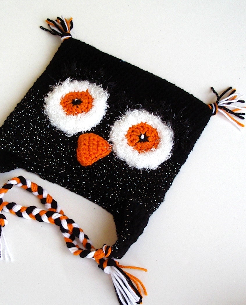 Crochet Owl Hat Sparkle Black Orange White