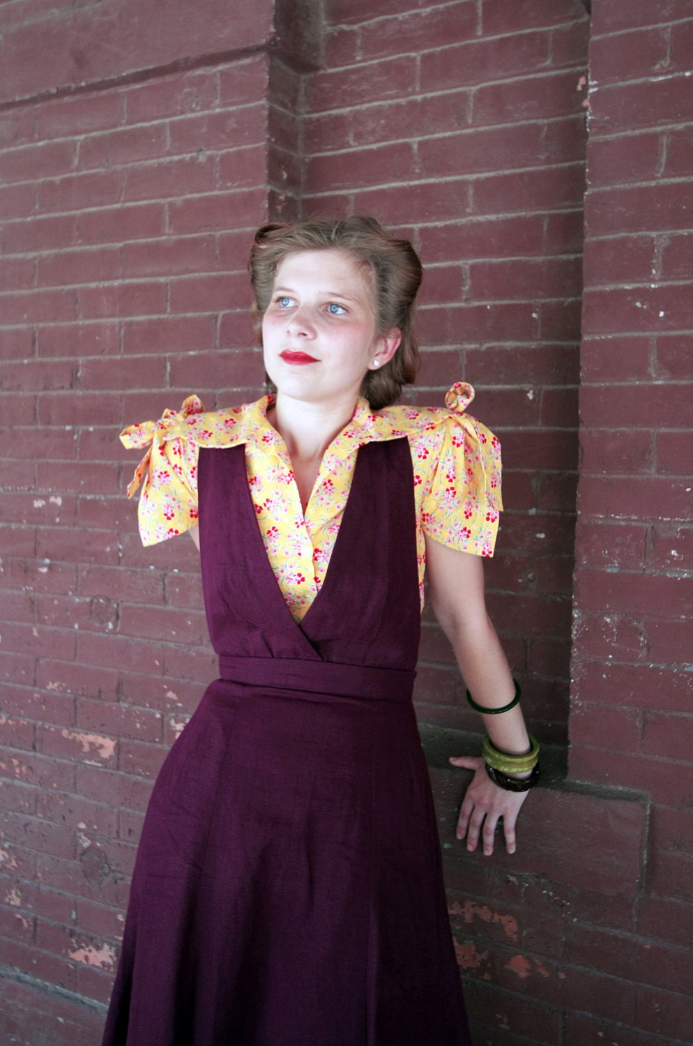 1930s blouse delicate yellow floral print tie sleeve Ready to ship size M only