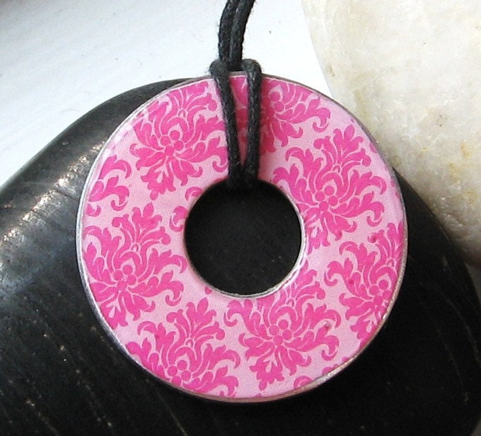 Pretty in Pink Damask Washer Hardware Pendant Necklace Upcycled Paper