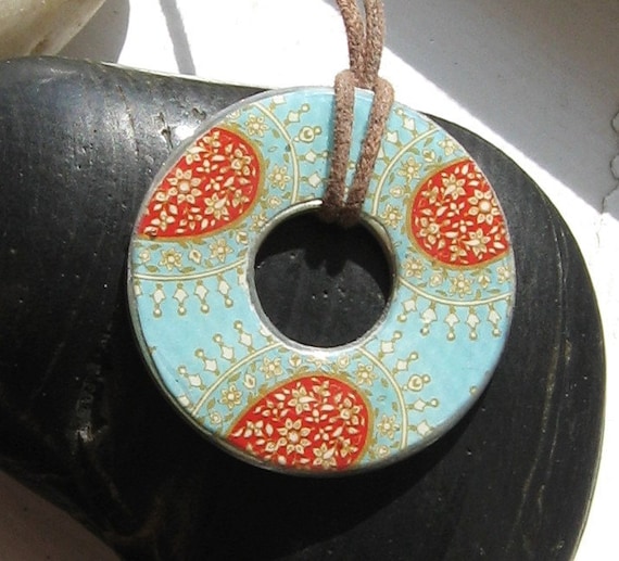 Stunning Aqua Blue and Red Sienna Taj Majal Designer Washer Hardware Pendant Necklace