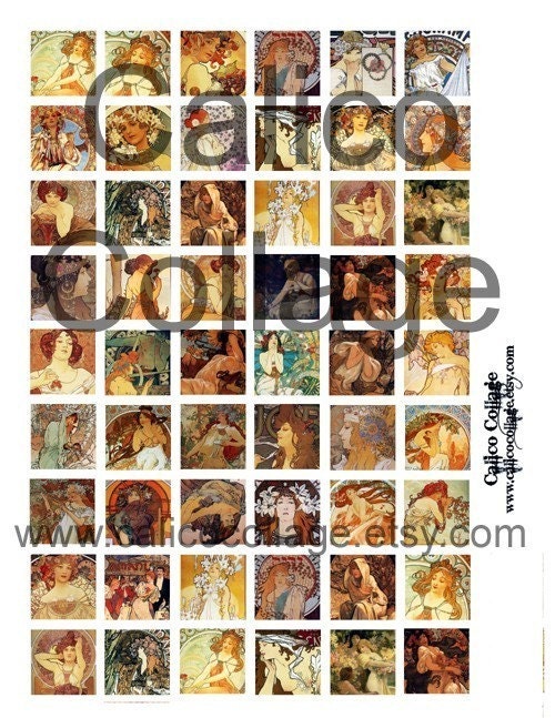 Alphonse Mucha - Instand Download Printable Digital Collage Sheet - 1x1 Inch Inchies 113
