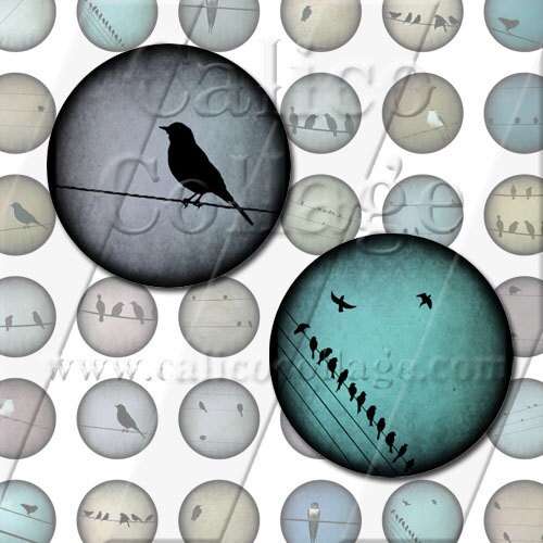 Birds on a Wire - Instant Download Digital Collage Sheet Printable - 1x1 Inch BottleCap Circle Tile Size 795