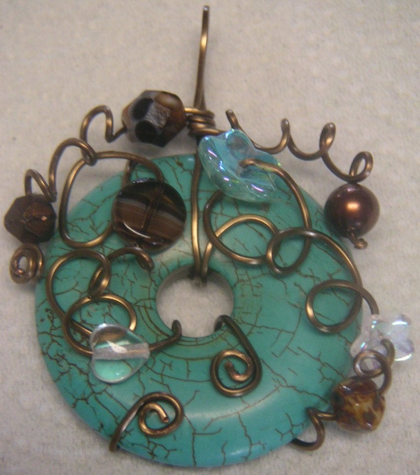 Turquiose Copper Wire-Wrapped, Beaded Donut Pendant