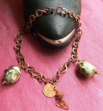 Green Jasper, Copper Wire-wrapped Chain Boot Jewelry