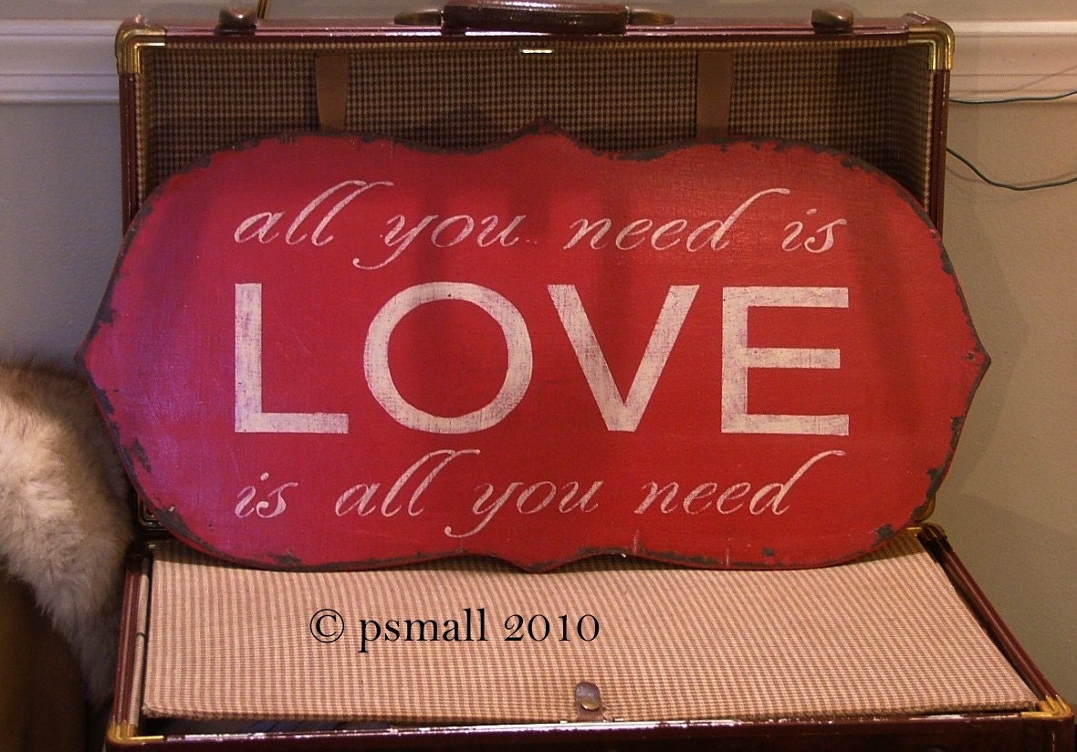 LOVE is all you need vintage style sign red chippy cracked paint