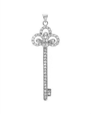 Intricate Loop Key Sterling Silver Pendant with CZ's -- Complimentary Ribbon or Cord