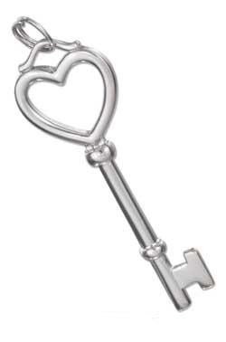 Heart Top Key Sterling Silver Pendant -- Complimentary Ribbon or Cord