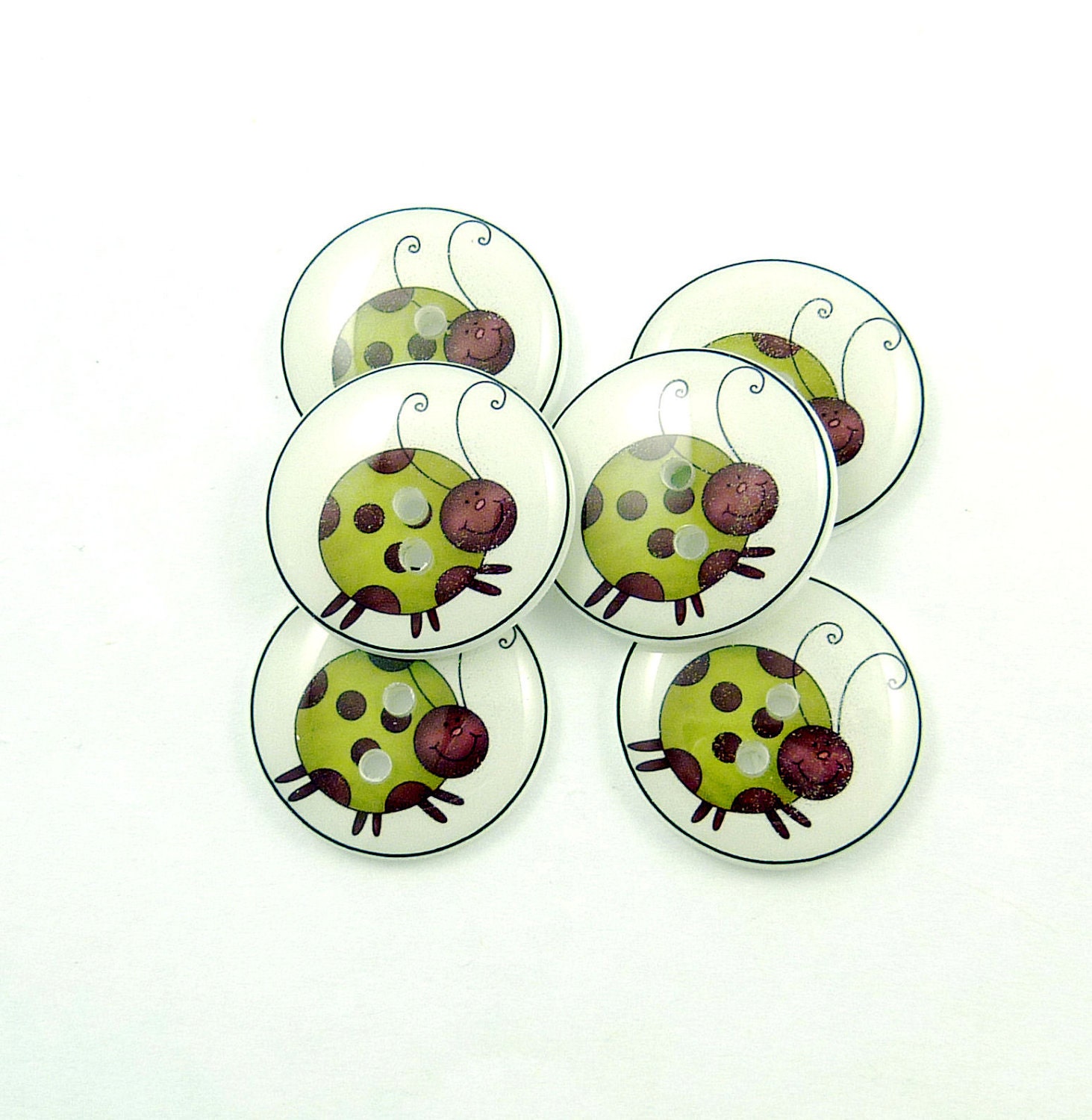 Green Ladybug Buttons. Handmade Buttons. 6 Sewing Buttons in a Ladybug or Ladybird design.