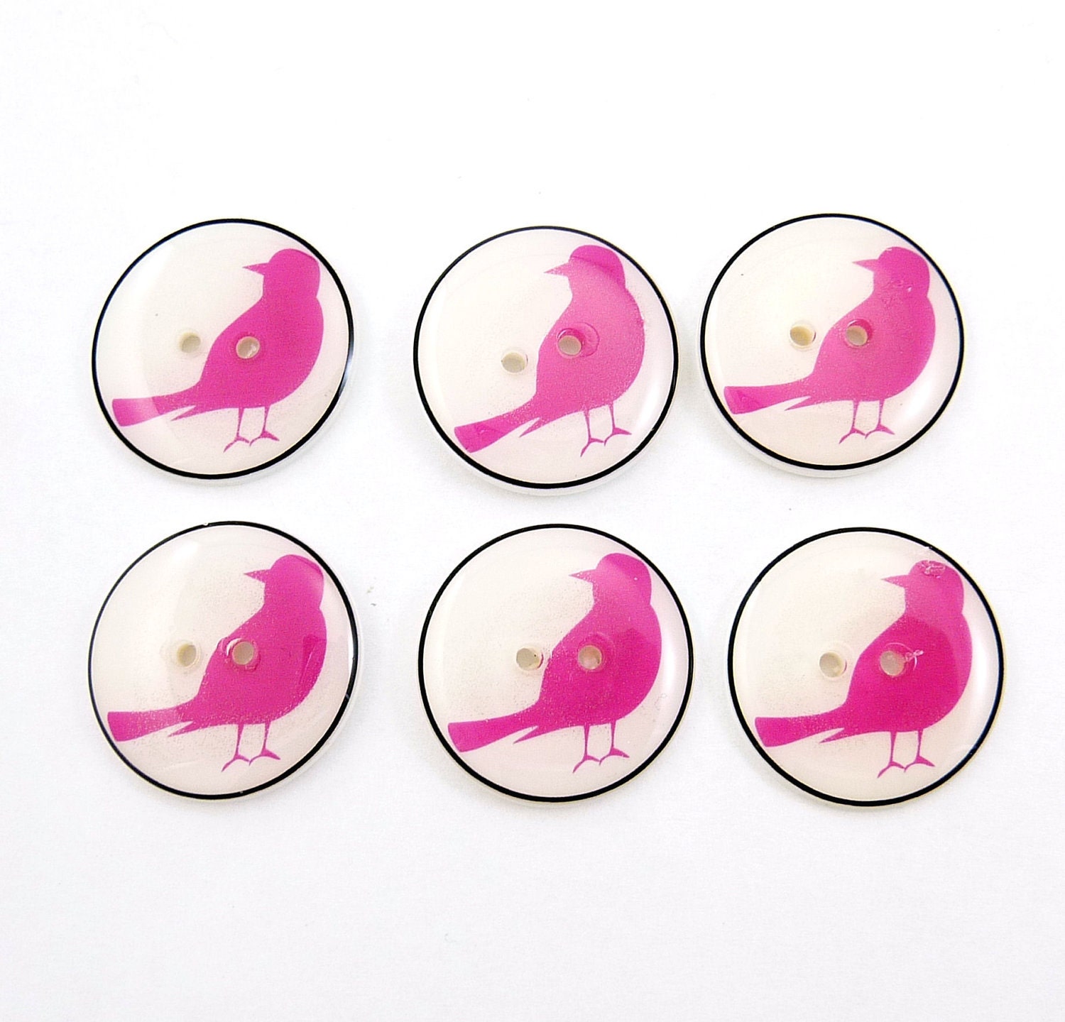 Bird Buttons. 6 Dark Pink or Fuschia Bird Silhouette. Sew On Handmade Buttons.