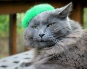 Cat Beret -  Hand Felted Wool Beret - Neon Green