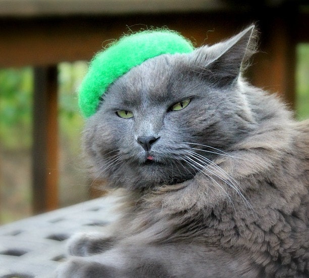 Cat Beret -  Hand Felted Wool Beret - Neon Green