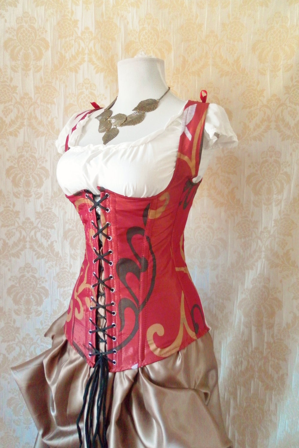 Sale, 90 dollars off-Sunset red swirl steel boned waistcoat corset, moll lace front corset-to fit 24-25 inch natural waist