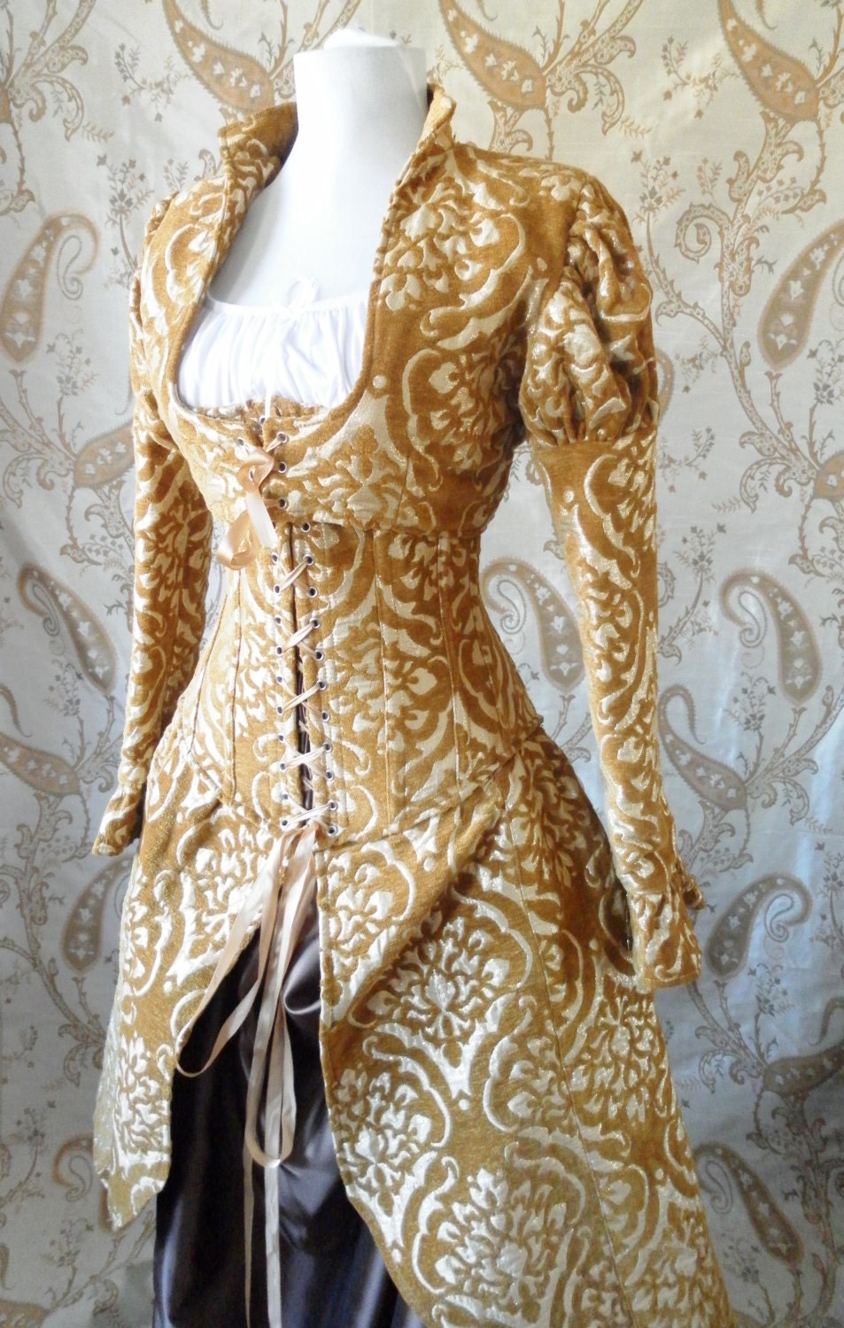 Sale-Gold damask medallion skirted corset only-for 26-28 inch waist-ready to ship