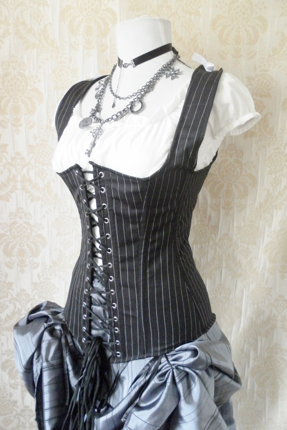 30 DOLLARS OFF Pinstripe steel boned waistcoat corset, moll lace front corset-to fit 26-27 inch natural waist