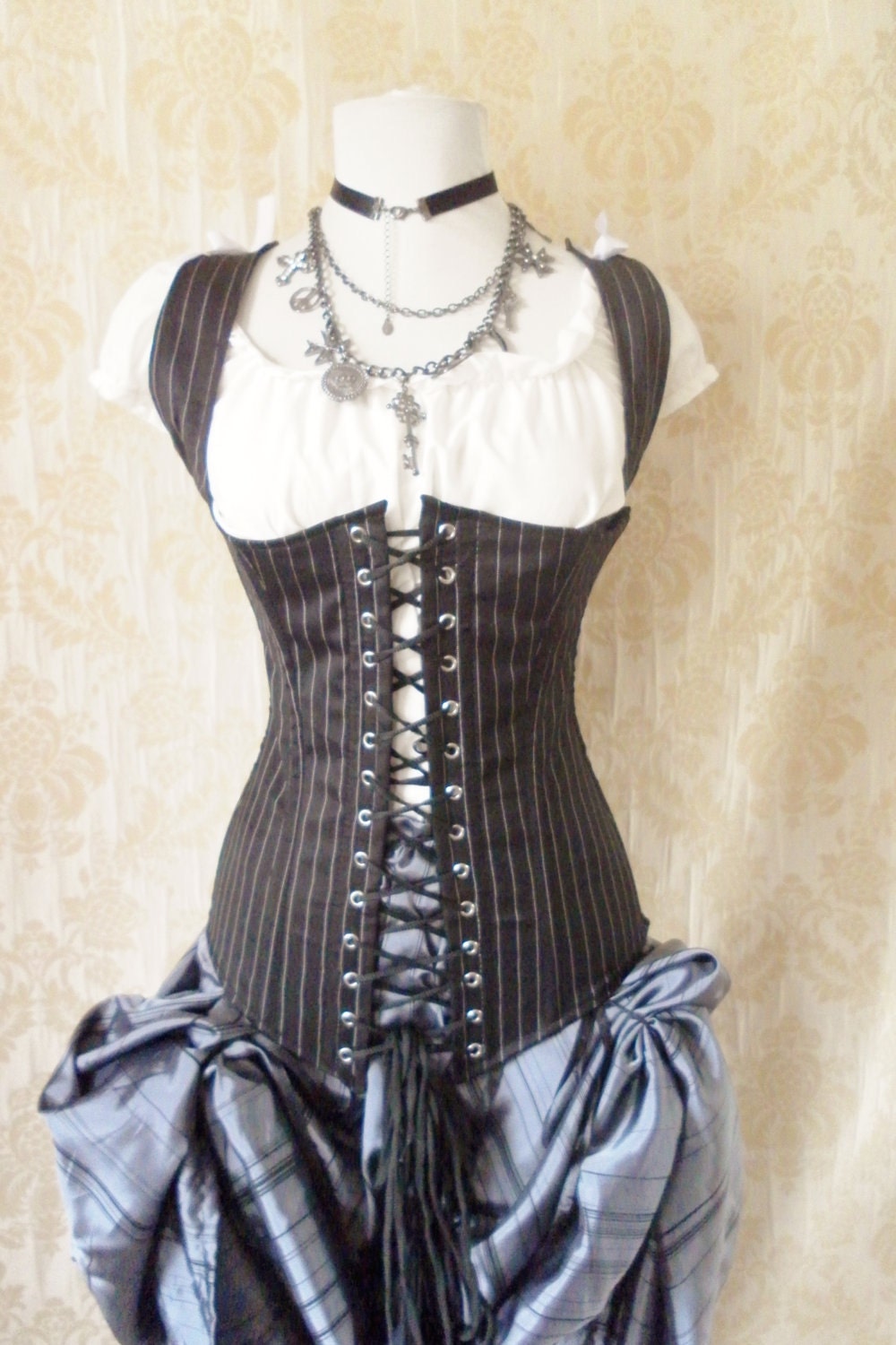 30 DOLLARS OFF Pinstripe steel boned waistcoat corset, moll lace front corset-to fit 26-27 inch natural waist