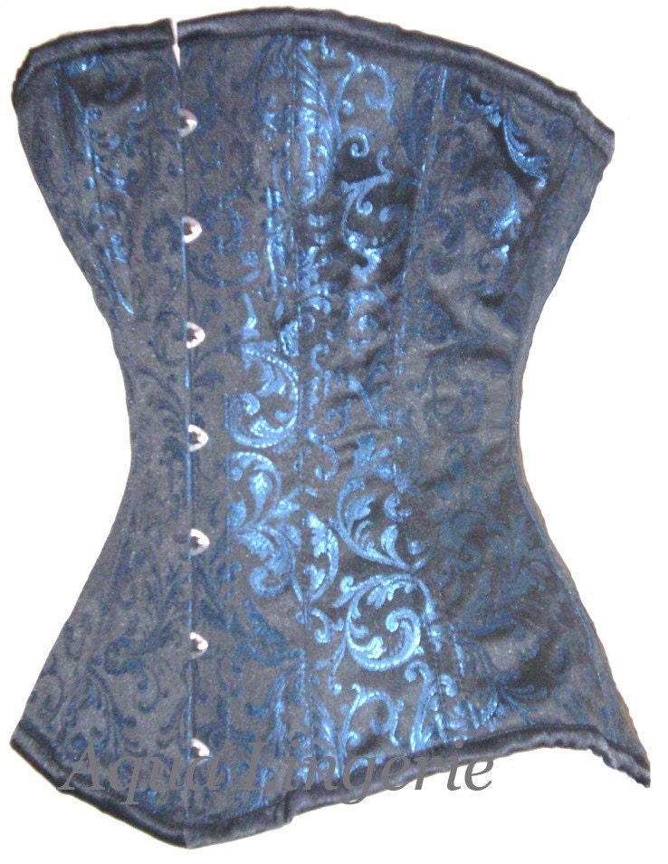 In Stock Black and Blue Brocade Corset, 28Inch Waist (TO FIT NATURAL 30-34INCH WAIST)