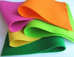 100% Wool Felt Fabric Sheets Squares Set   Pixie Stix Color Story   Bright Felt Colors  Orange Kelly Green Pink Yellow Chartreuse