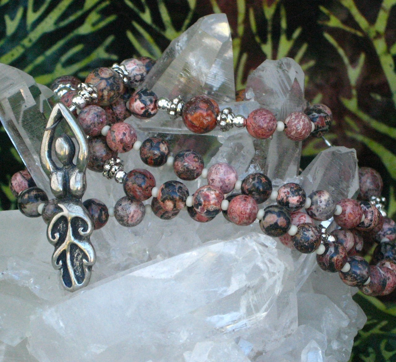 Goddess Pagan Spirit Rosary Necklace Leopardskin Jasper