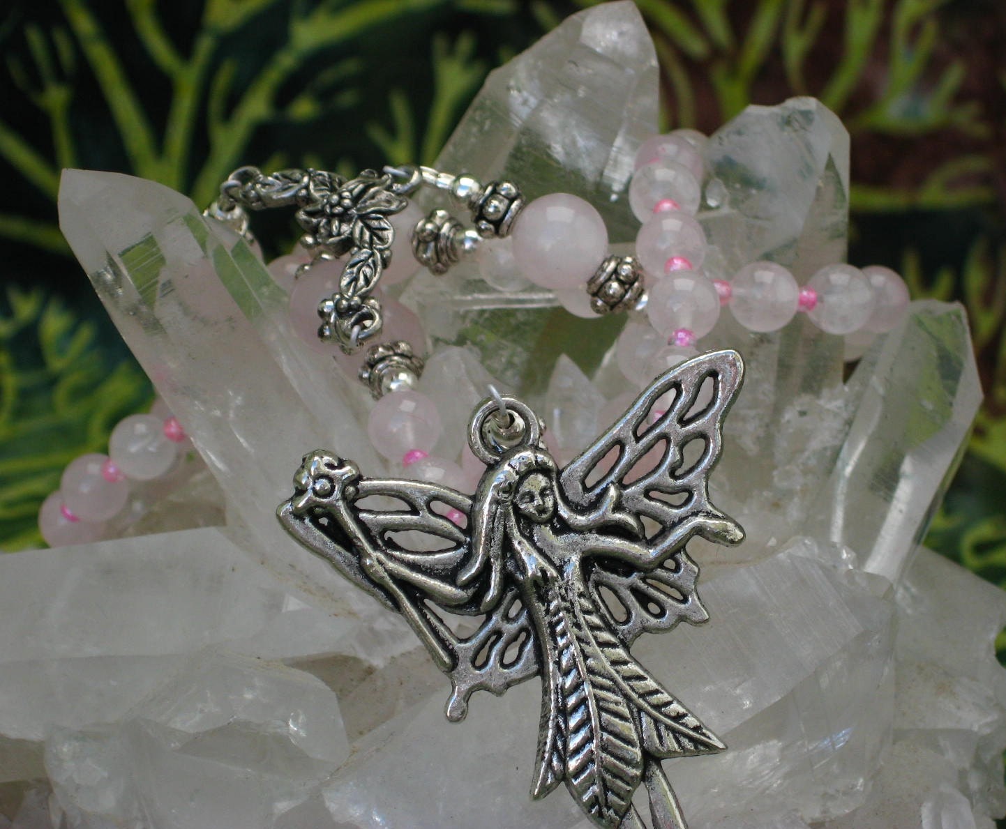 Love is Never Ending-Rose Quartz Rosary Necklace with Large Pewter Fairy