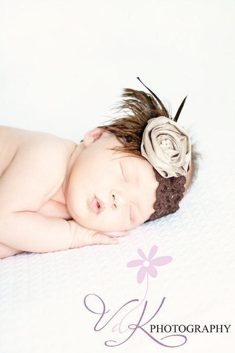 Stunning Silk Champagne Rosette with Pearls Cluster on Thick Brown Lace Headband with Brown Feather - Photographers Prop