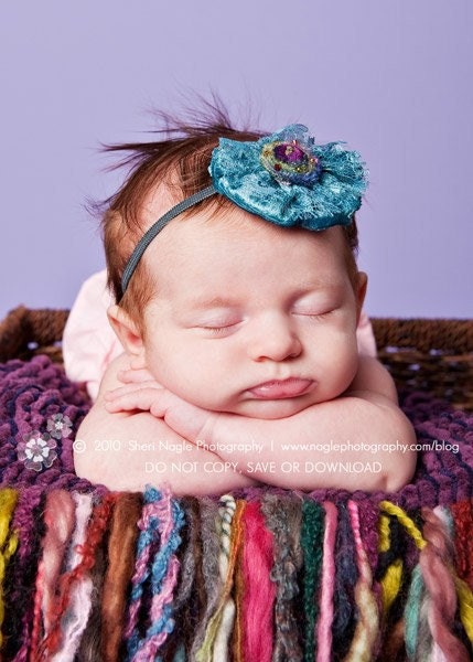 Lace and Velour Turquoise Fabric Flower with Center Sparkle on Jewel Toned Headband