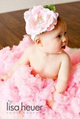 Darling Pink Peony with Pink Tulle Leaf Accent and Large Pink Rhinestone Button on White Satin Headband