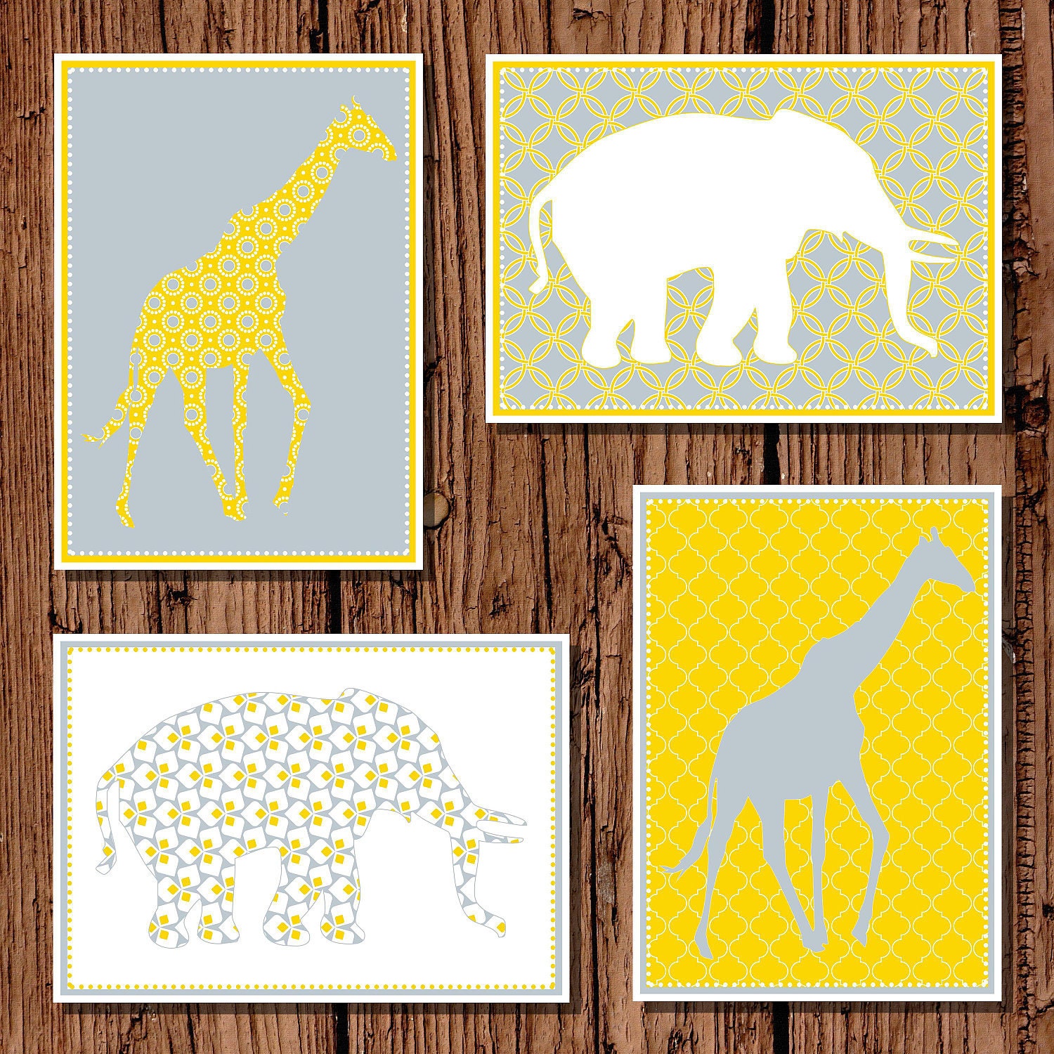 Baby nursery Giraffe and Elephant Silhouette Yellow & Gray, 5x7 set of four printables, gender neutral