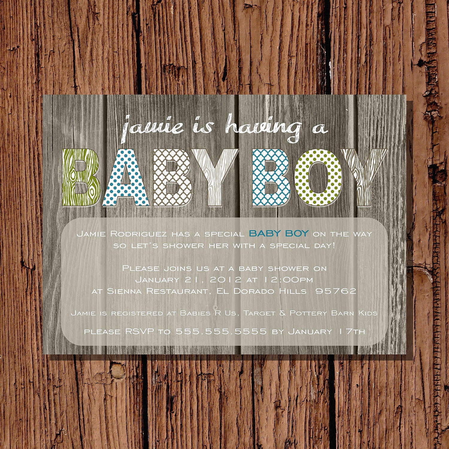 Baby Boy Shower Invitation, Rustic Green & Brown 5x7 printable